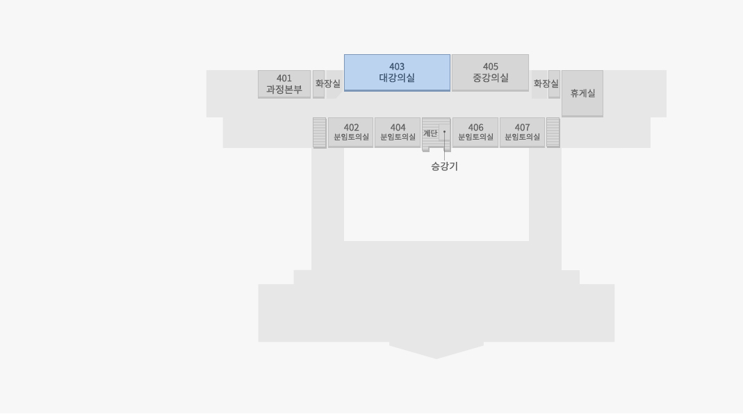 본관동 4층 내부 401과정본부, 화장실, 403대강의실, 405중강의실, 화장실, 휴게실, 402분임토의실, 404분임토의실, 계단, 승강기, 406분임토의실, 407분임토의실 존재