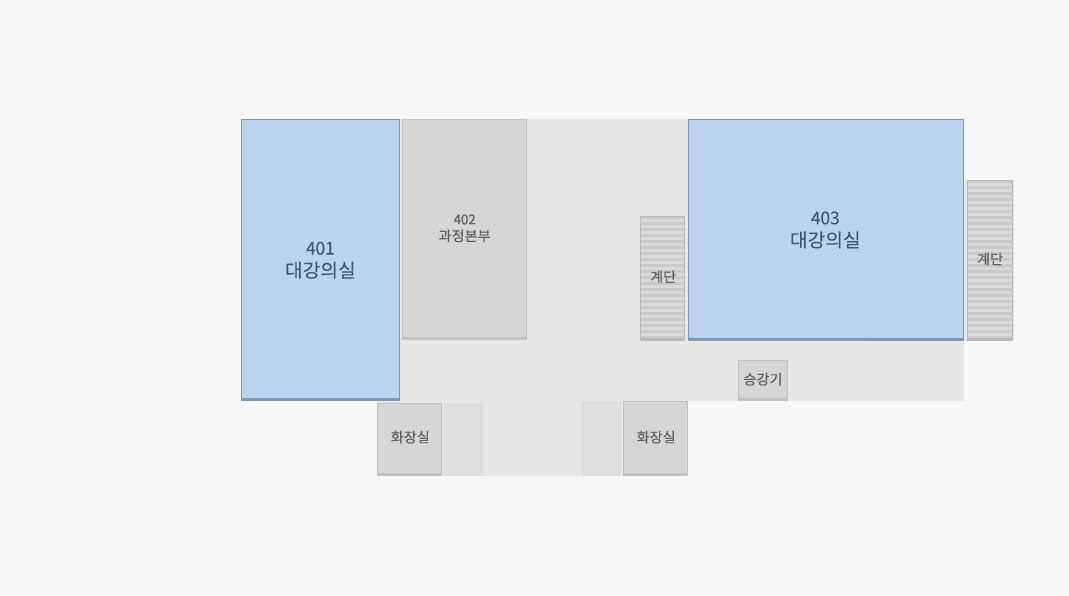 첨단보안센터 4층 내부 401대강의실, 402과정본부, 계단 2개, 403대강의실, 승강기, 화장실 2개 존재