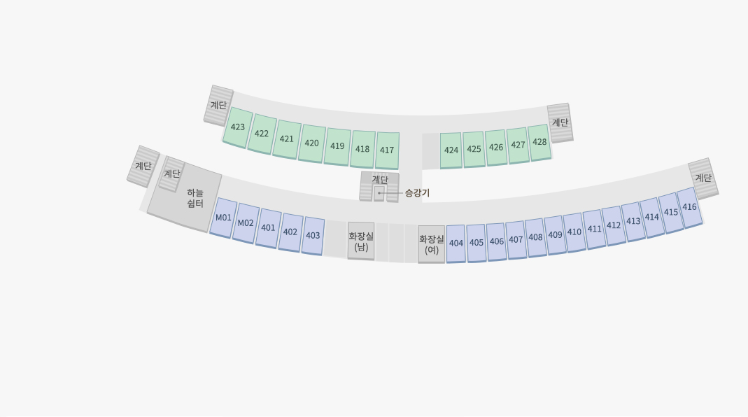 숙소동 4층에는 계단, 계단, 하늘쉼터, 2인실 M01~M02호와 401~403호, 화장실(남), 화장실(여) 2인실 404~416호, 계단이 존재합니다. 화장실(남) 앞에 계단, 승강기 2인실 417~423호, 계단이 존재하고 2인실 417호 오른쪽에 2인실 424~428호, 계단이 존재합니다.